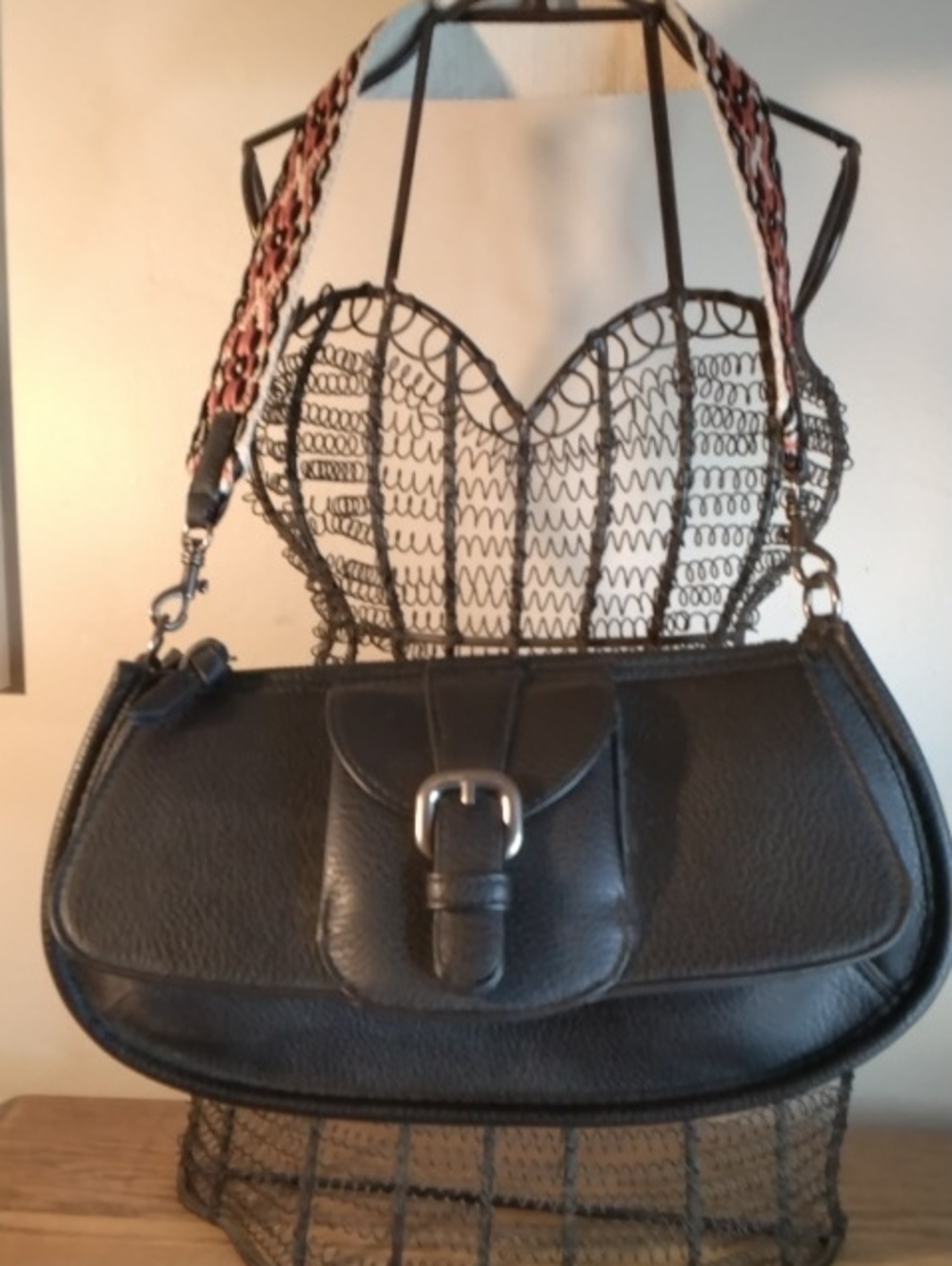 Black Leather Shoulder Bag with Buckle Detail